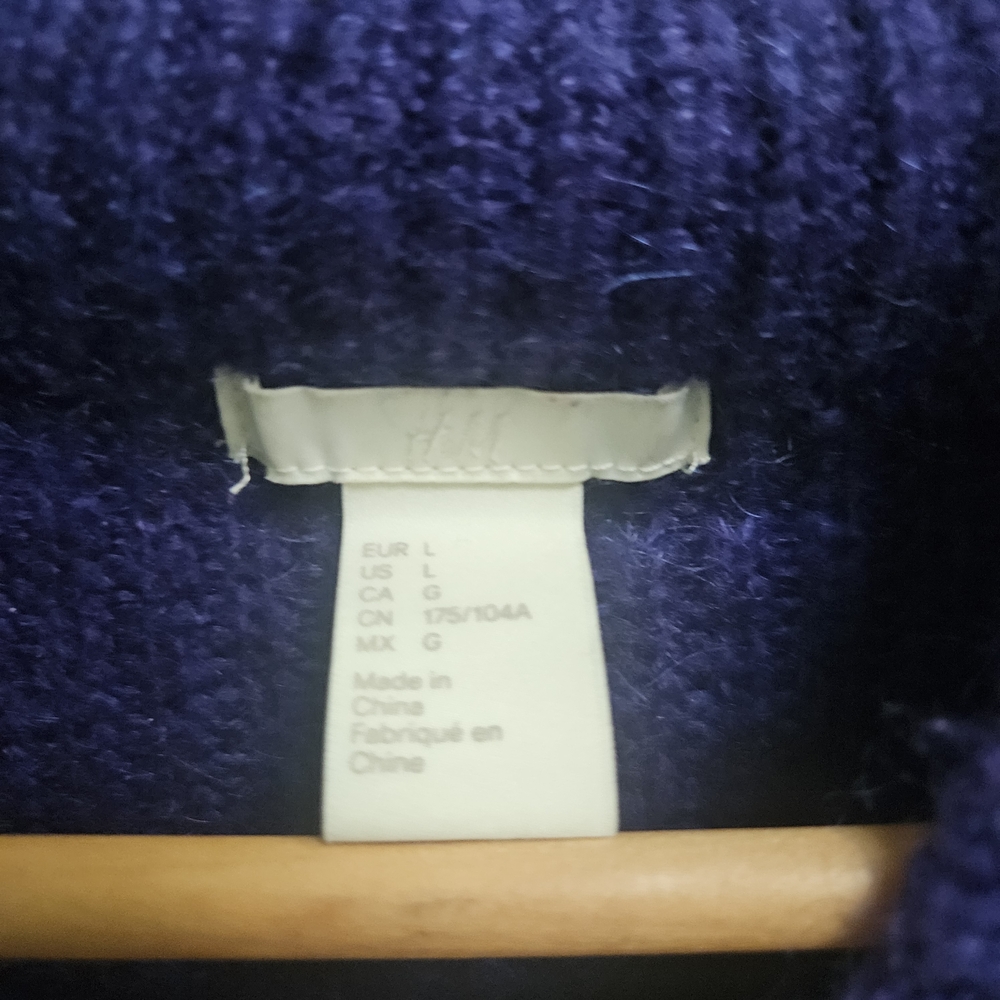 H&M Women's Oversized Ribbed Knit Sweater Size L Blue Mohair High Neck - Picture 7 of 8